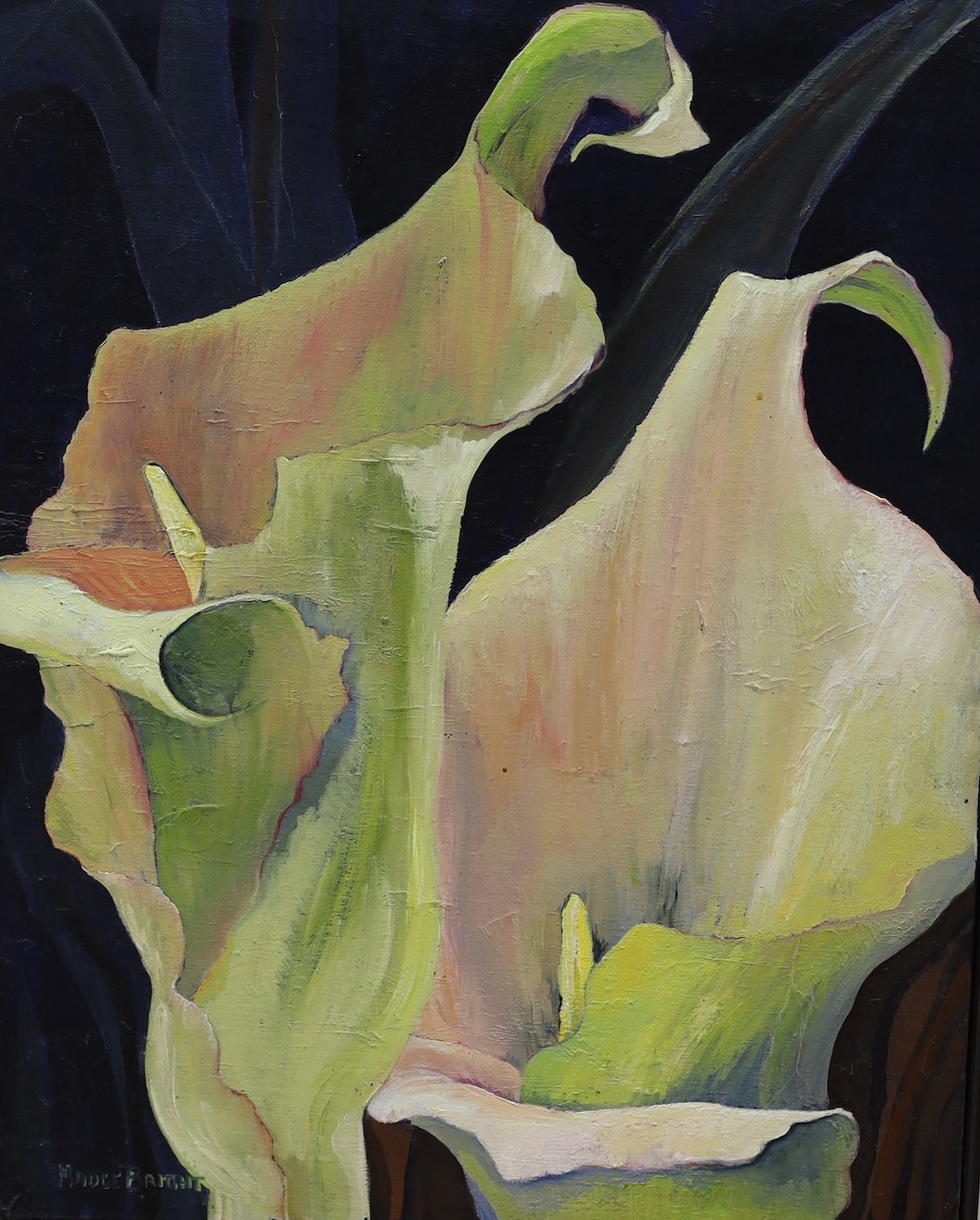 Madge Bright, two oils on board, Lilies and Hibiscus Blooms, signed, 51 x 40cm and 37 x 43cm